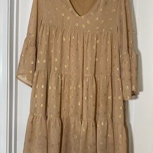 Chic Tan Long Sleeve Dress with Gold Accents